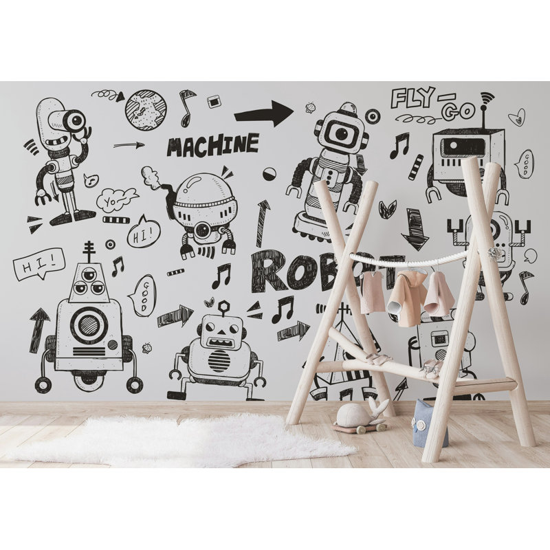 Caricature de robot Doodle, papier peint pour enfants, noir et blanc, L 50 po x l 75 po