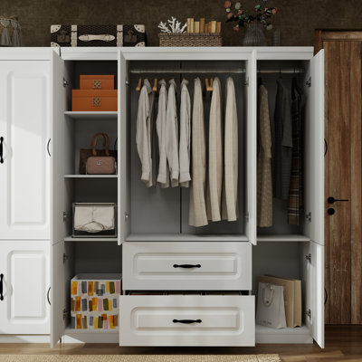 Armoire-penderie blanche autoportante avec 2 tiroirs, grande armoire de rangement pour vêtements de chambre à coucher, grande capacité: H 70,87 po x l 122,84 po x P 20,47 po