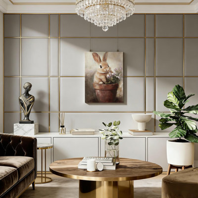 Brown Cute Rabbit in Flower Pot Canvas Solid Wood Frame Support Wall Art,24 x 16 Inch,Home Decor