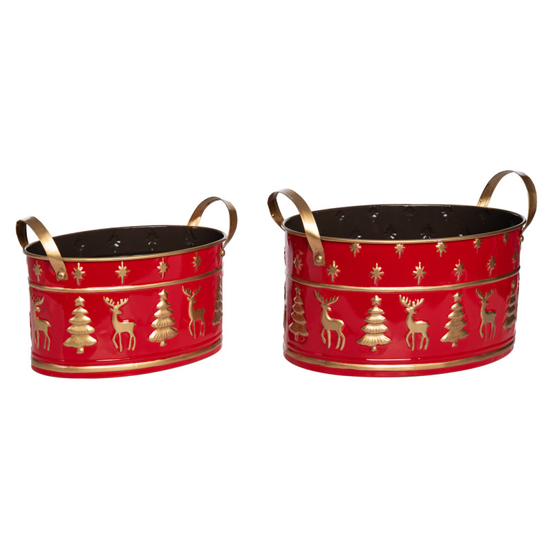  Ensemble de 2 seaux de Noël en métal rouge avec arbres et renne 14,75 po