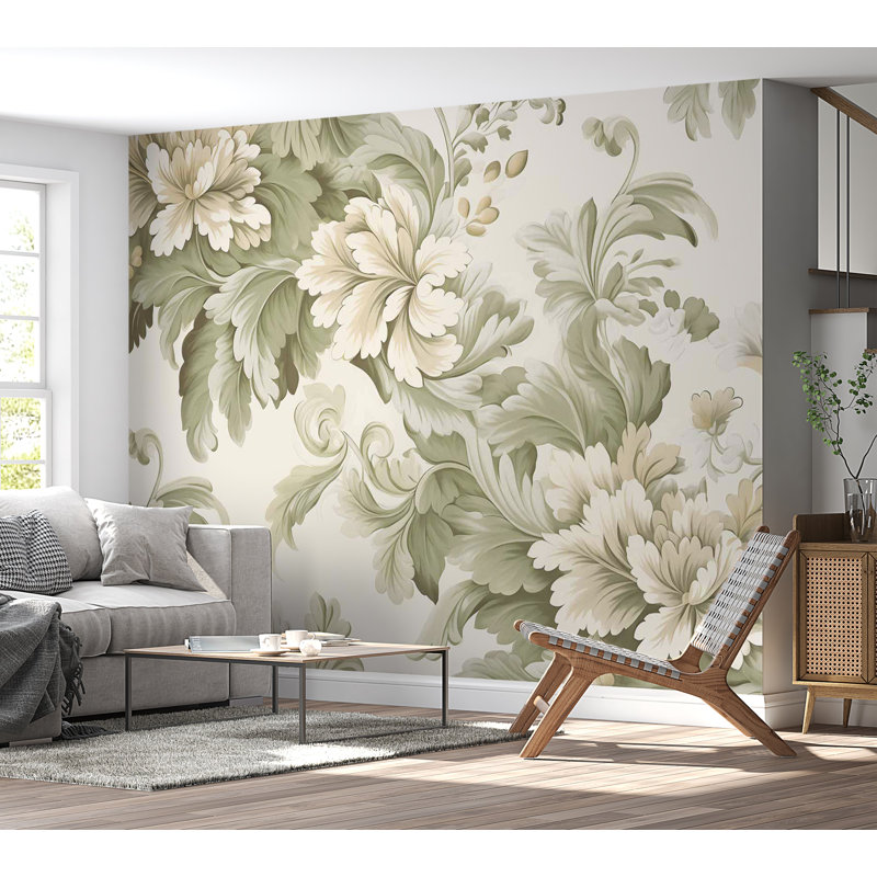 Murale à motif floral pelez et collez - Fleurs rétro rétro crème, L 100 po x l 135 po
