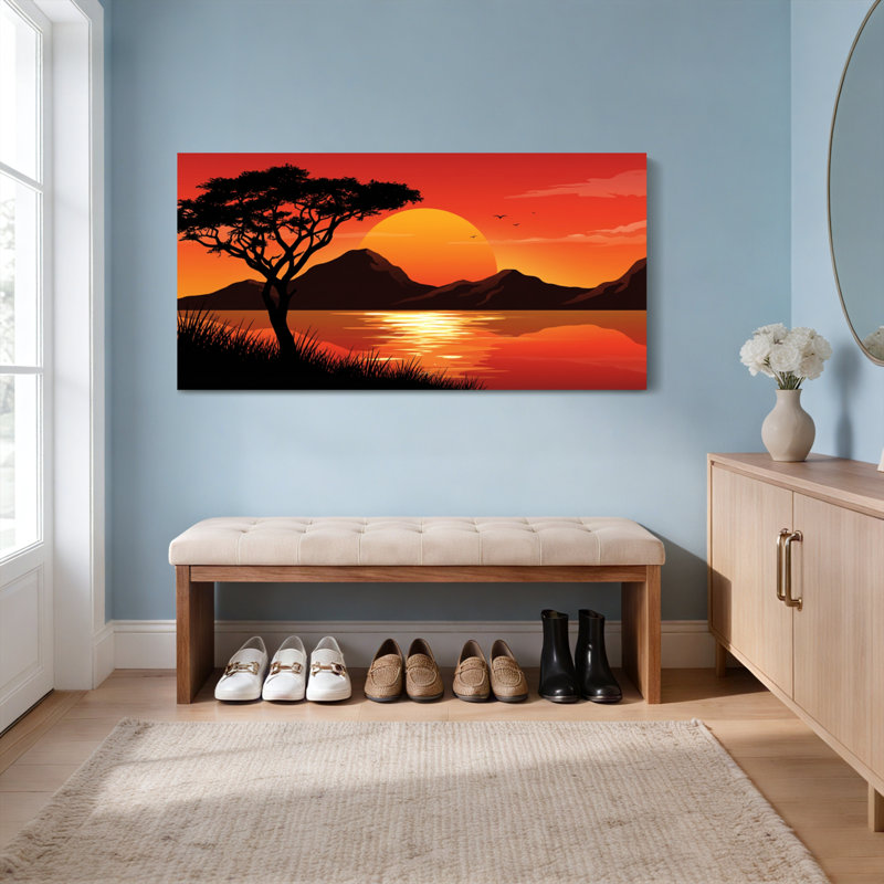 Ensemble de 1 tableau sur toile représentant un coucher de soleil africain, H 28 po x l 58 po