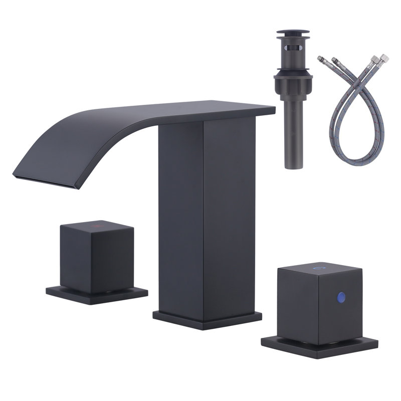 Widespread Waterfall Bathroom Faucet 3 Hole, 8 Inch Bathroom Sink Faucet with Pop Up Drain and Hose, Matte Black