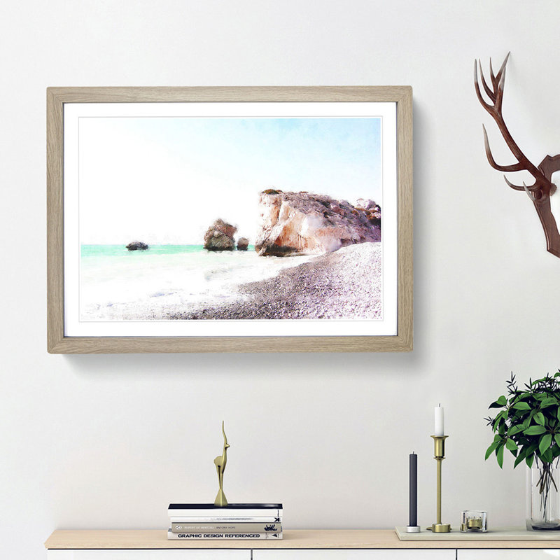 White Sand Beach in Cyprus - Picture Frame Painting Print on MDF, Oak Framed, 62cm H x 87cm W x 2cm D
