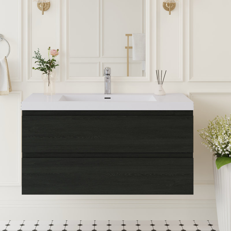 Meuble-lavabo mural simple 42 po avec plateau intégré en résine, 2 tiroirs à fermeture en douceur, ensemble complet, blanc brillant