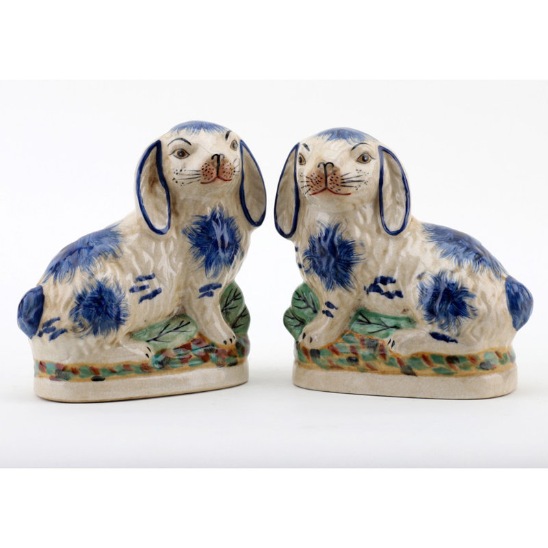Small Staffordshire Bunny Hares Figurine, Blue/Cream, 6.5" H x 6" W x 3" D