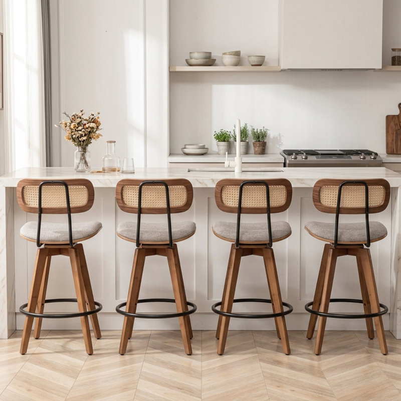 Sirine 4 Pieces Swivel Linen Counter Stool, Brown
