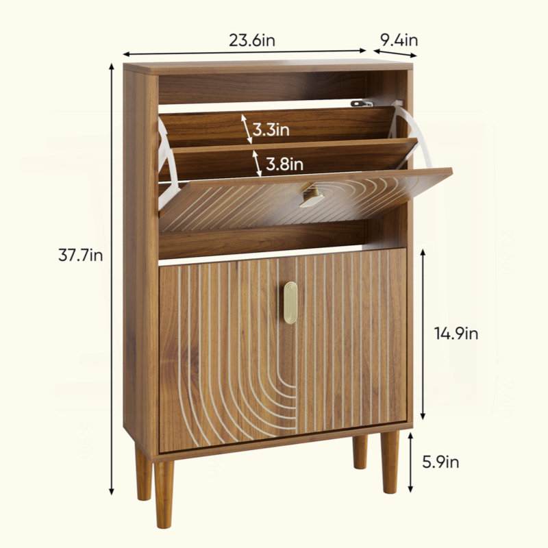 Shoe Storage Cabinet With 2 Flip Drawers,Free Standing Shoe  Cabinet With Metal Handles For Entryway,Shoe Rack Cabinet With Line Groove Design