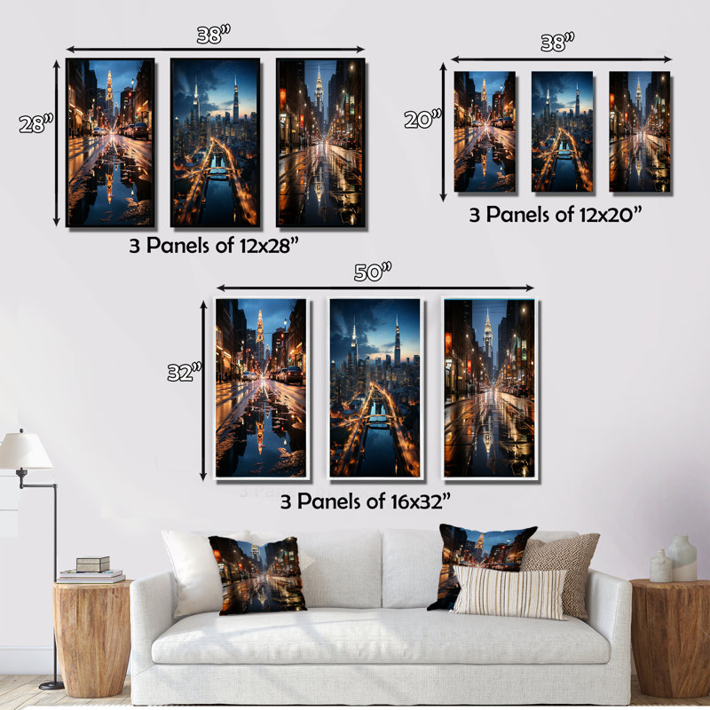 «Charlotte Cityscape At Night», 3 pièces sur toile, Toile tendue, H 40 po x l 60 po