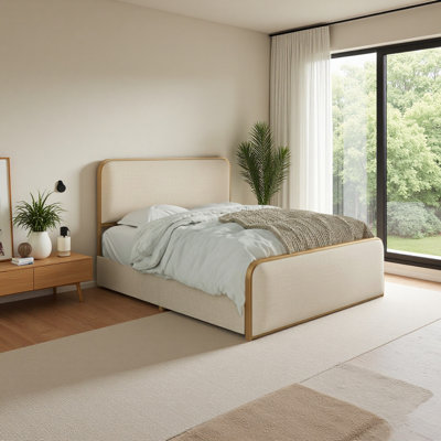 Gold Modern Metal Bed Frame With Curved Upholstered Headboard And Footboard Bed With 4 Storage Drawers, Heavy Duty Metal Slats