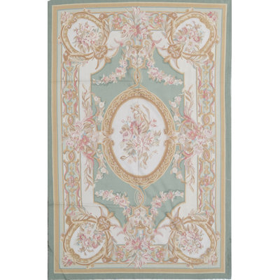 Tapis vert et ivoire noué à la main de haute qualité