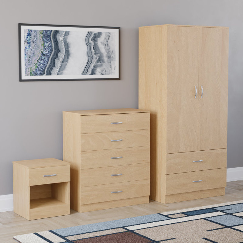 Maybery 3 Piece Bedroom Set (1 Drawer Bedside Chest, 5 Drawer Chest, 2 Door 2 Drawer Wardrobe), (4), Pine