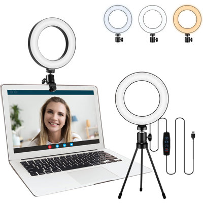 6" LED Ring Light For Video Conference, Streaming & Makeup - 3 Light Modes, 10 Brightness Levels, USB Powered With Clip & Tripod Stand For Laptop, Desktop, Tablet