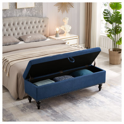 Banc de lit 59 po en lin et coton bleu avec compartiment de rangement et rembourrage en mousse