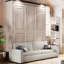 Grand lit beige avec DEL, peu encombrant pour les appartements à usages multiples et lumières à DEL à base de lin, grands espaces fonctionnels, noyau en bois de pin