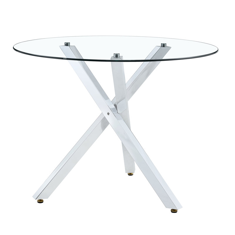Round Glass Dining Table for 2-4 with Sleek X-Frame, for Small Spaces and Modern Kitchens., Silver
