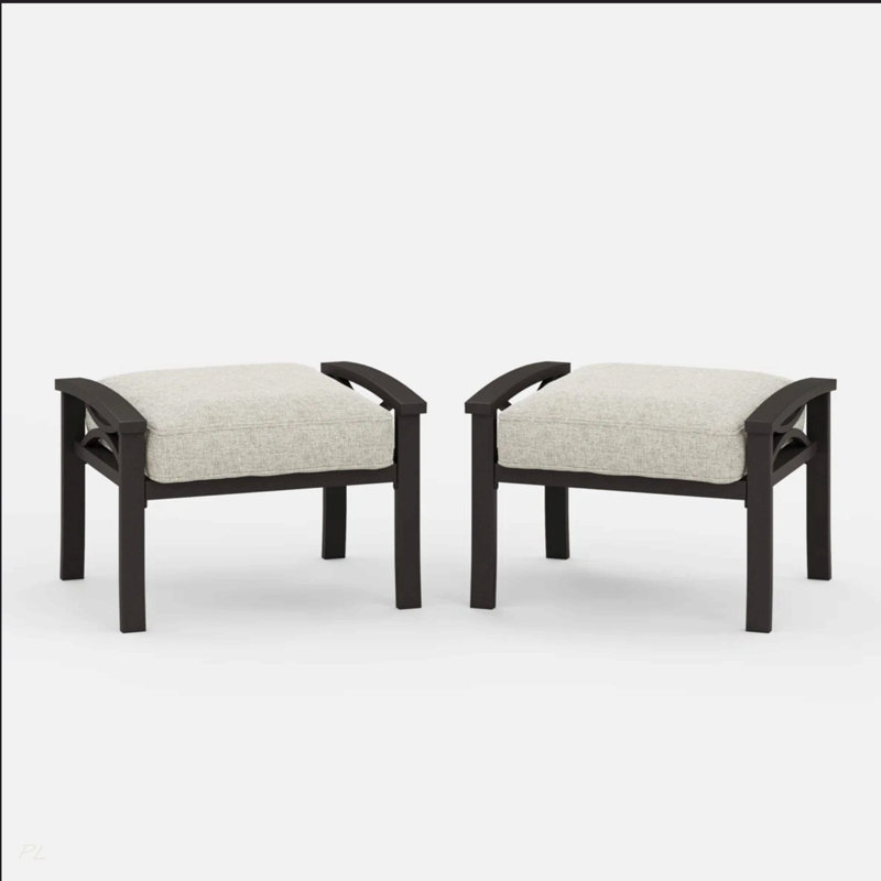 Set Of 2 All-Weather 26” Width Metal Ottomans, Black Frame With Gray Cushions, Gray, Black