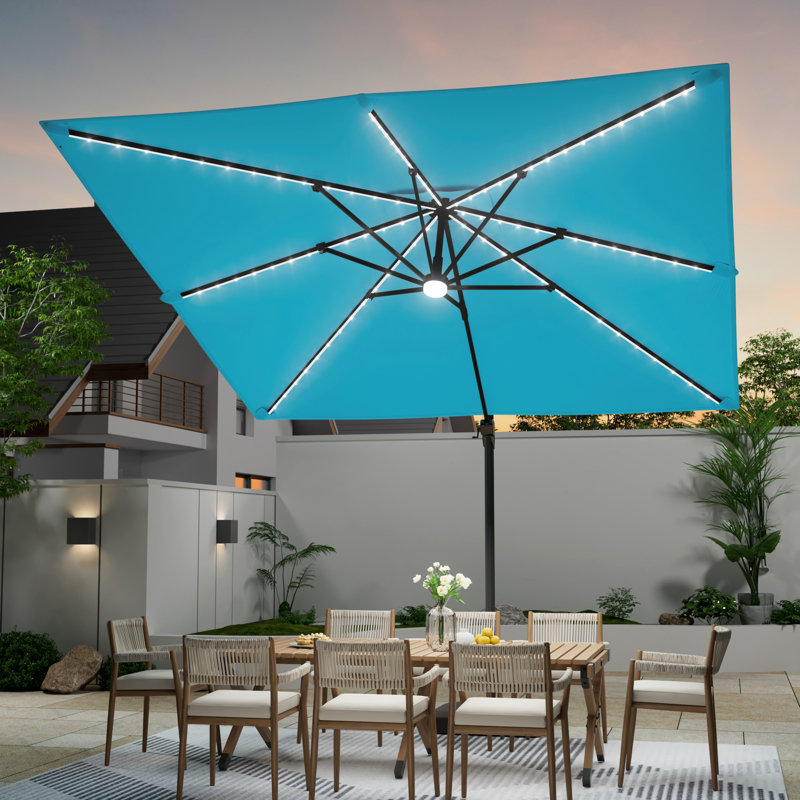 Parasol carré en porte-à-faux à DEL 10 x 10 po avec base Doreena, Bleu lac