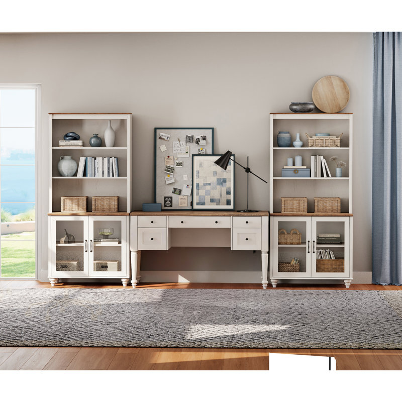 2 Piece Office Set, 56" Executive Desk & Set Of 2 Bookcases With Glass Doors, White