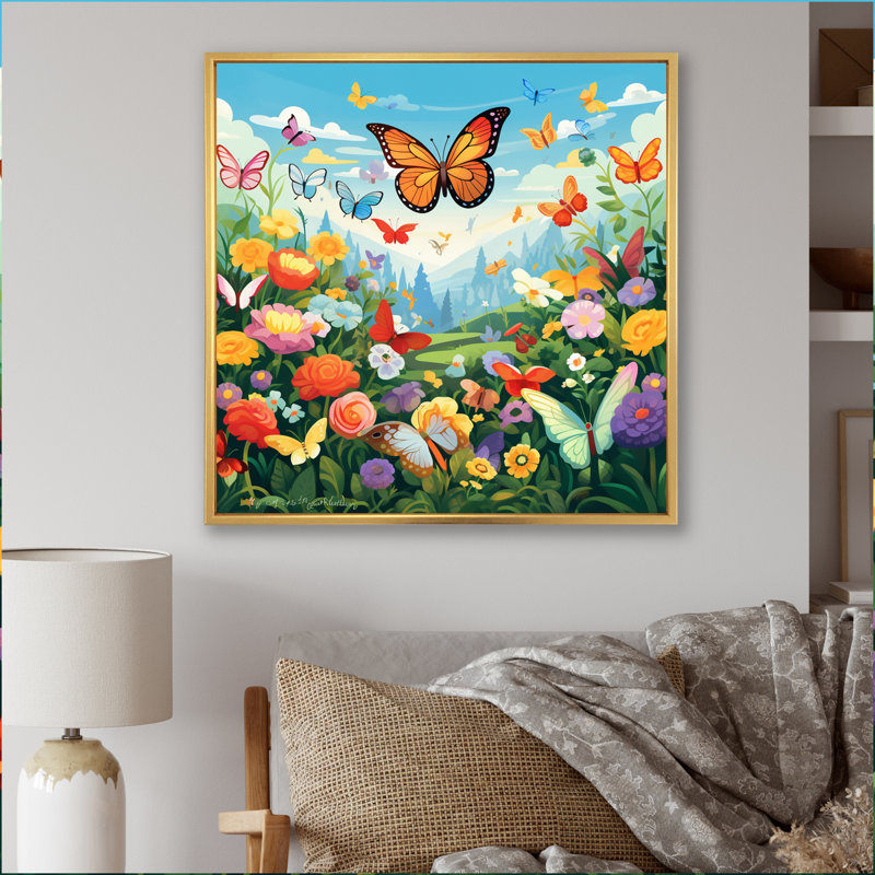 Papillon monarque orange, champ de fleurs idyllique I, H 36 po x l 36 po, Cadre flottant doré