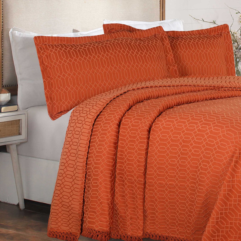 Rust Twin Cotton Geometric Fringe Bedspread Set