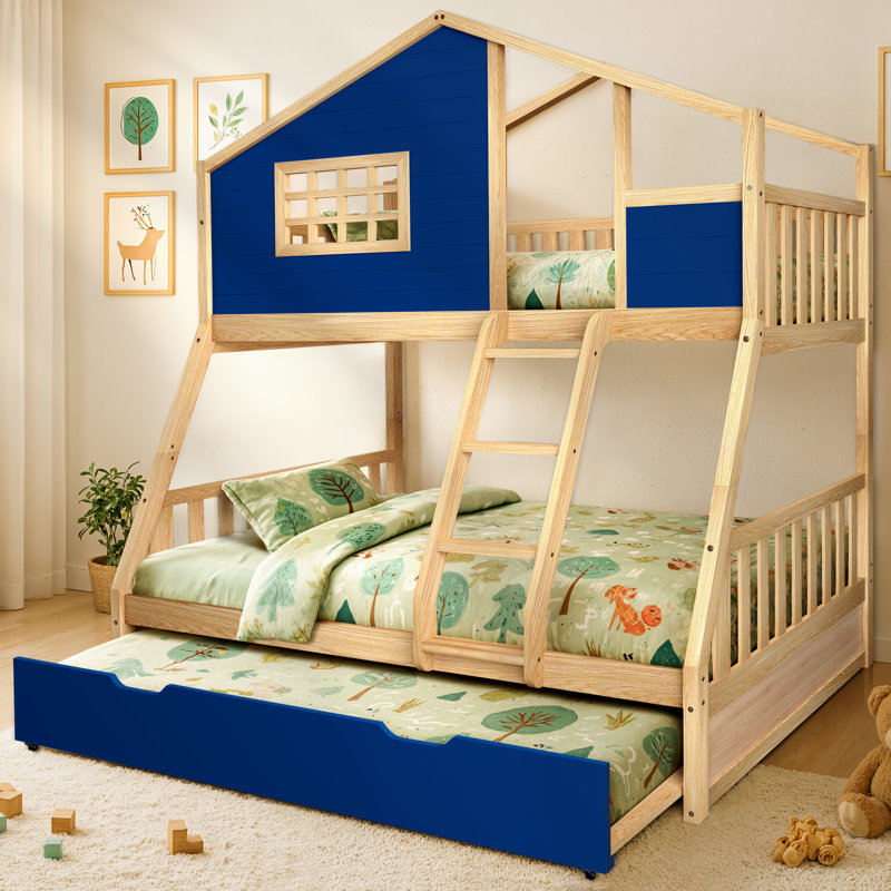 Treehouse Wooden Twin over Full Kid Bunk Bed with Under Trundle Bed and Heavy Duty, Blue