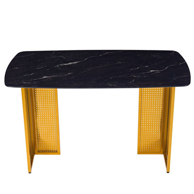 Modern-Style Rectangular Tempered Glass Dining Table for 6, Featuring a Marble-Patterned Design with Hollow-Out Metal Legs, an Ideal Dining Table for
