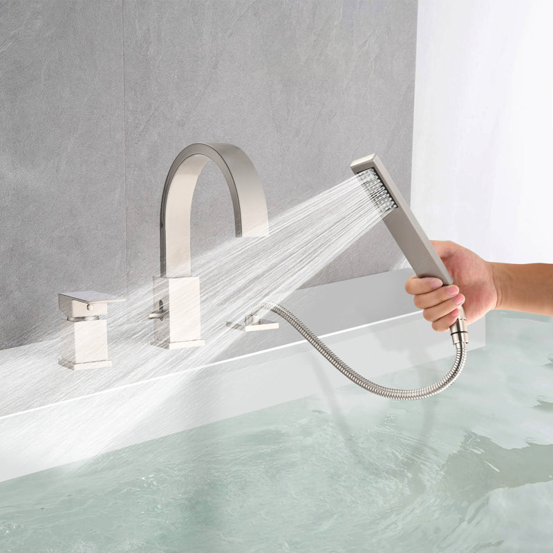 Brushed Nickel Waterfall Tub Spout With , Deck Mount 3 Roman Filler, Hand Shower & 59" Hose, Smooth-Operating Ceramic Cartridge Faucet Dependable