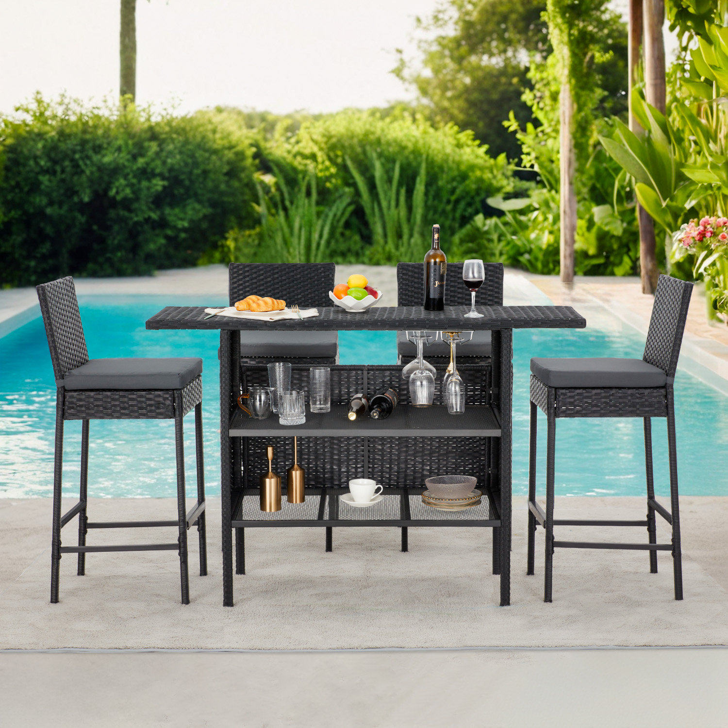 Arlmont & Co. Wicker Bar Set with 4 Stools & Outdoor Bar Table