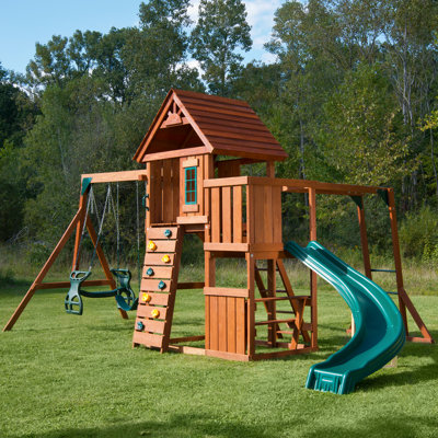Cedar Brook Wooden Swing Set with Slide, Swings and Climbing Wall