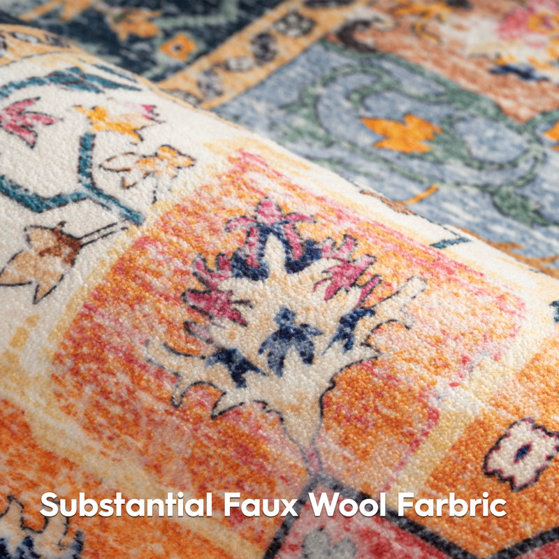 Area Rugs, Orange & Navy Blue, Machine Washable Stain Resistant Vintage Rug
