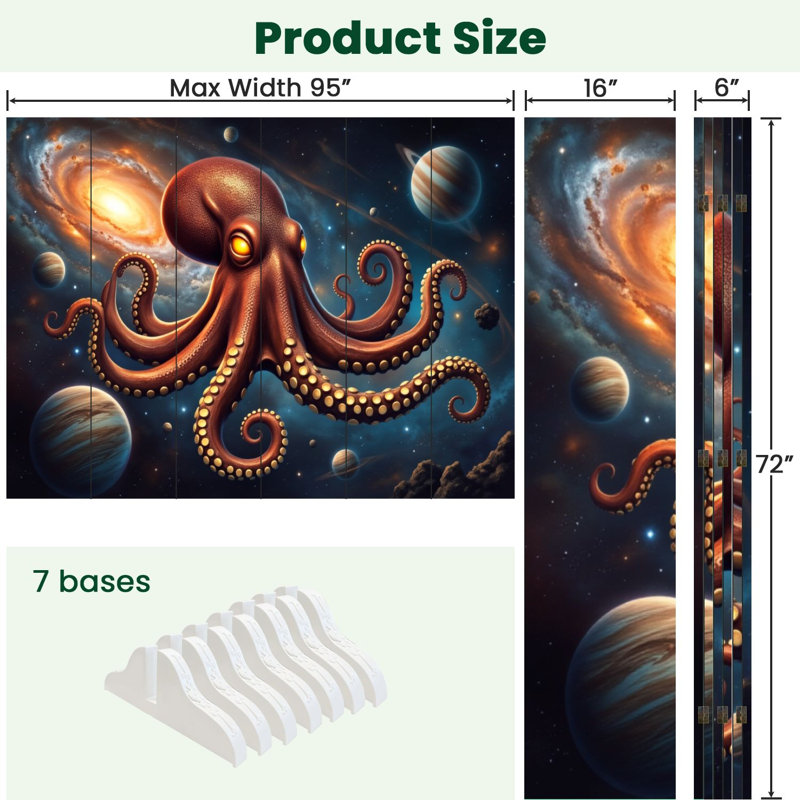 Cloison pliante 6 panneaux Royal Cosmic Octopus Glowing Eyes Outer Space Planets Galaxy Toile séparateur de pièce, Couleur 2