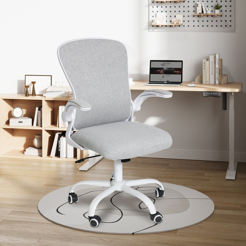 Swivel Office Chair With Lumbar Support, Adjustable Fabric Computer Chair With Flip-Up Armrest, Grey