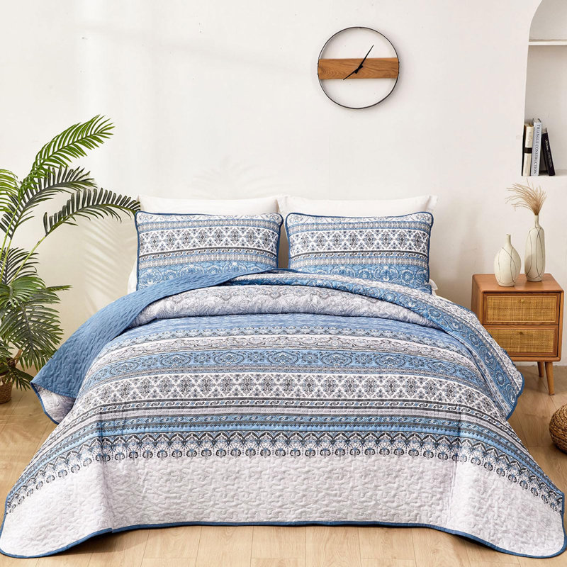 Ensemble de 3 courtepointe Boho Bohemian, Courtepointe pour lit grand + deux taies décorati, Bleu clair
