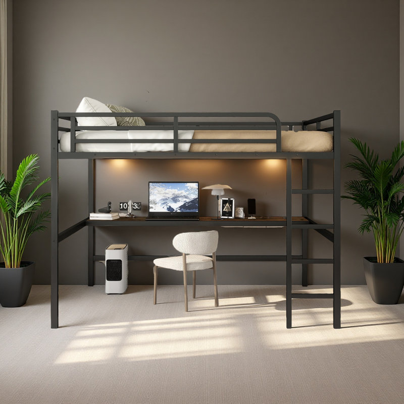 Metal Queen Size Loft Bed With Power Outlet And LED Lighted, Space-Saving, Noise Reduced, Black