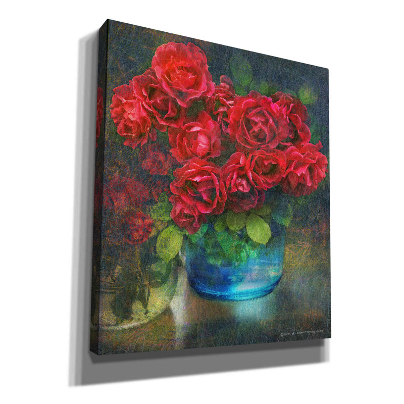 «Roses in Blue Jar» par Chris Vest, art mural sur toile, H 30 po x l 26 po x P 1,25 po
