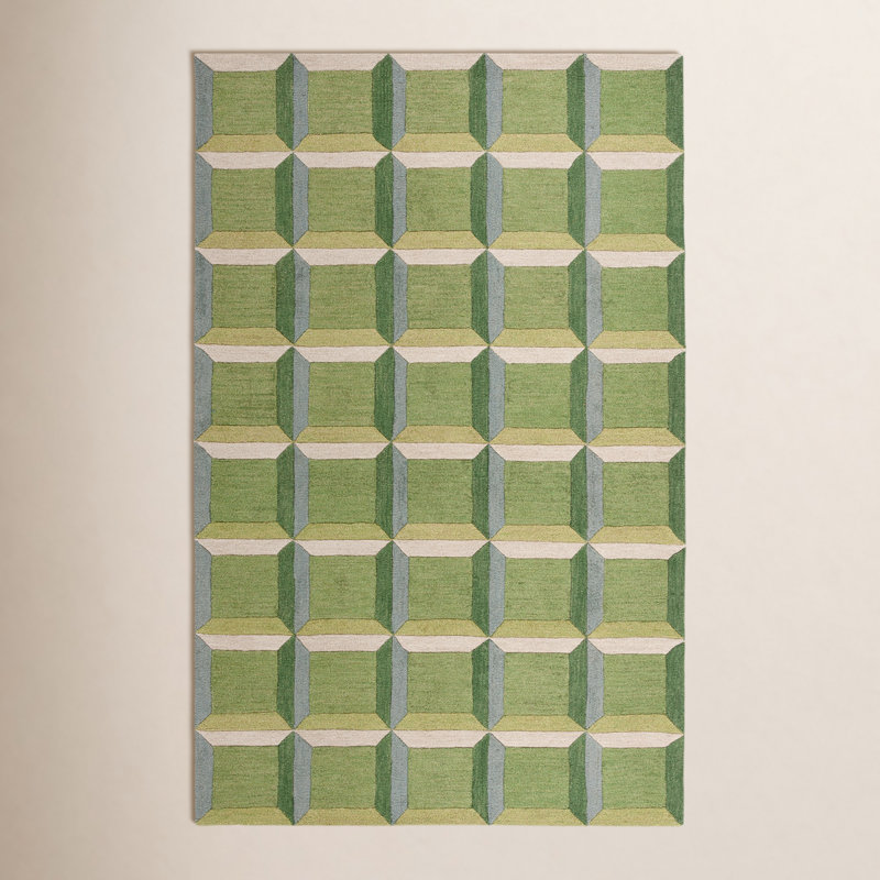 Giedre Geometric Hand Tufted Cotton/Wool Area Rug in Green/Beige, Rectangle 5' x 8'