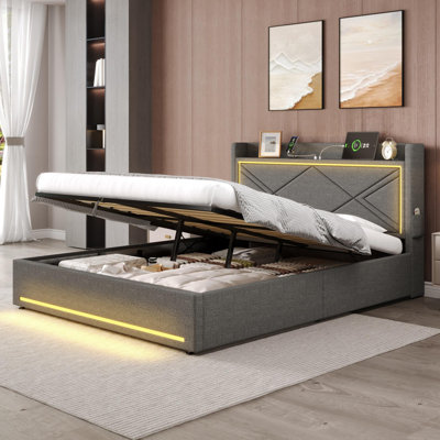 Upholstered Bed With Storage, Led And Usb Linen Grey