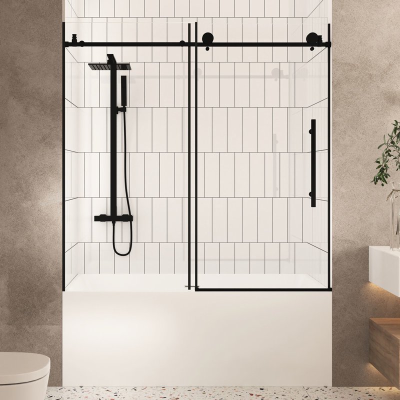 Porte de douche avec verre trempé transparent de 1/4 po de 6 mm, film à l'épreuve, poignée en acier inoxydable noir mat, l 56 à 60 po x H, fonctionnement silencieux et efficace pour un mouvement silencieux en douceur dans la salle de bain