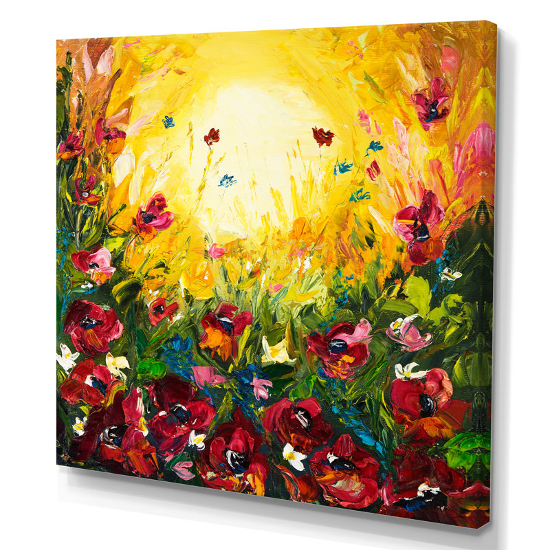 Champ de fleurs et soleil - impression d'art mural traditionnel en bois, H 30 po x l 30 po x P 1 po, Toile tendue