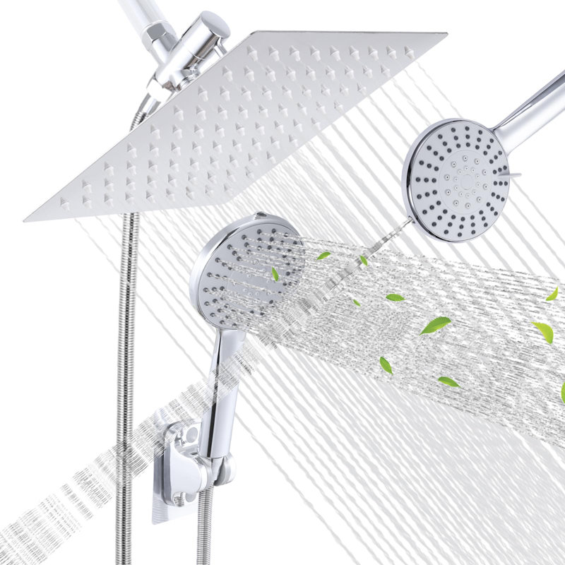 Pomme de douche à haute pression avec douchette combinée - Système de douche double avec douchette à pluie carrée réglable à 7 modes et support