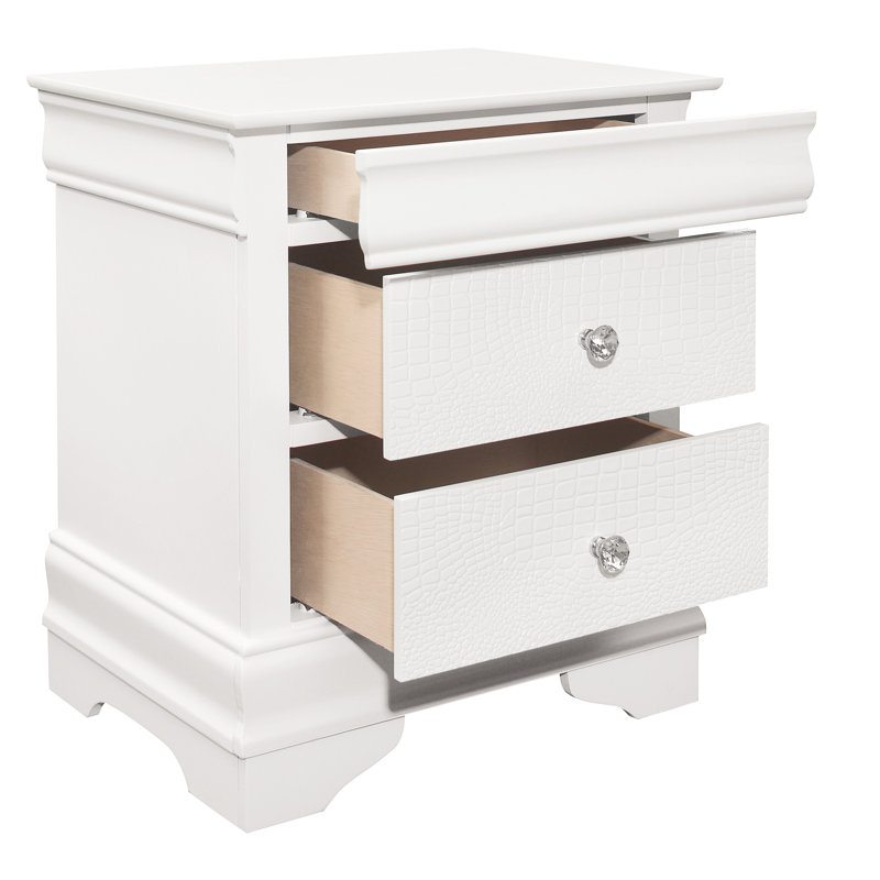 Table de chevet blanche avec 3 faux tiroirs en alligator