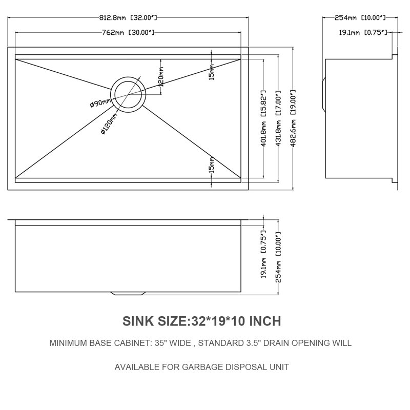 32'' L Single Bowl Stainless Steel Kitchen Sink