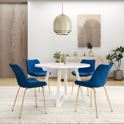 5 tables rondes avec table à tréteaux et 4 chaises confortables blanc et bleu contemporain