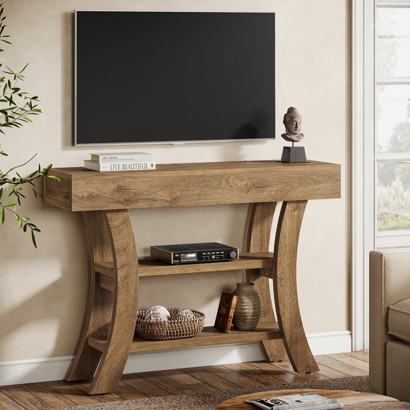 41" Console Table With Storage Shelves And Curved Frame, Oak Brown