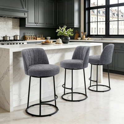 Modern Channel Tufted Swivel Bar Stool, Chenille Upholstery, Matte Black Base, Set of 3