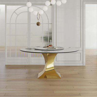 59" Round Sintered Stone Dining Table Set With Gold Stainless Steel Hourglass Base - Modern Luxury Marble-Look Kitchen Table For 4-6 People, Scratch