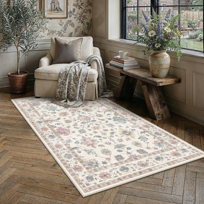 Cherry Machine Washable Floral Area Rug With Non-Slip Backing