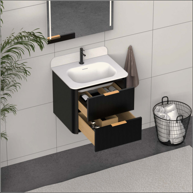 Meuble-lavabo cannelé avec lavabo et quincaillerie intégrés, Black/Gold, 24"