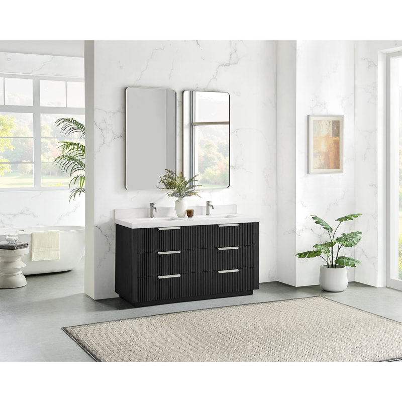 Allister 60" Free-standing Double Bath Vanity in Oak Weathered Black with White Quartz Stone Top, 60"
